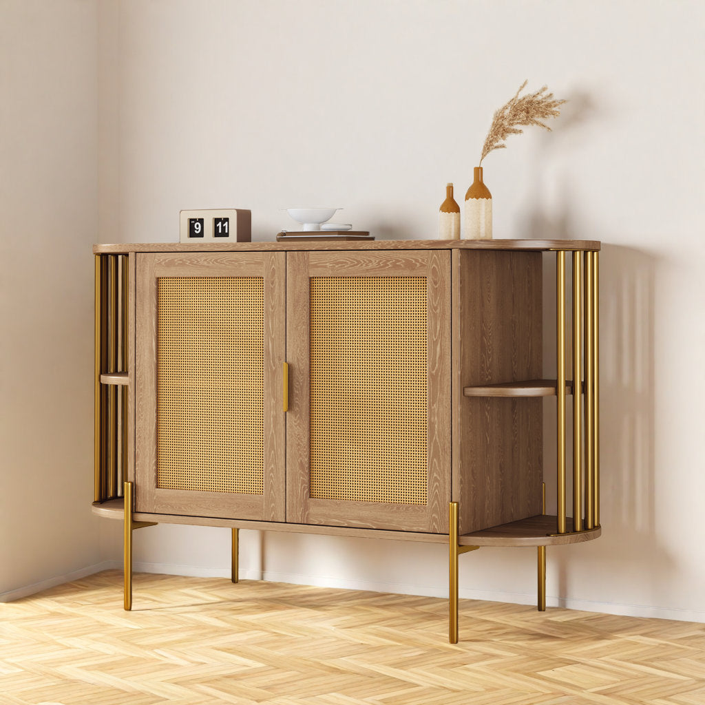 47" Elegant Rattan Cabinet – Gold Accent Storage with Curved Shelves