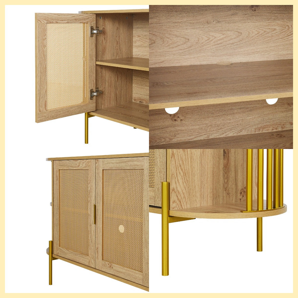 47" Elegant Rattan Cabinet – Gold Accent Storage with Curved Shelves