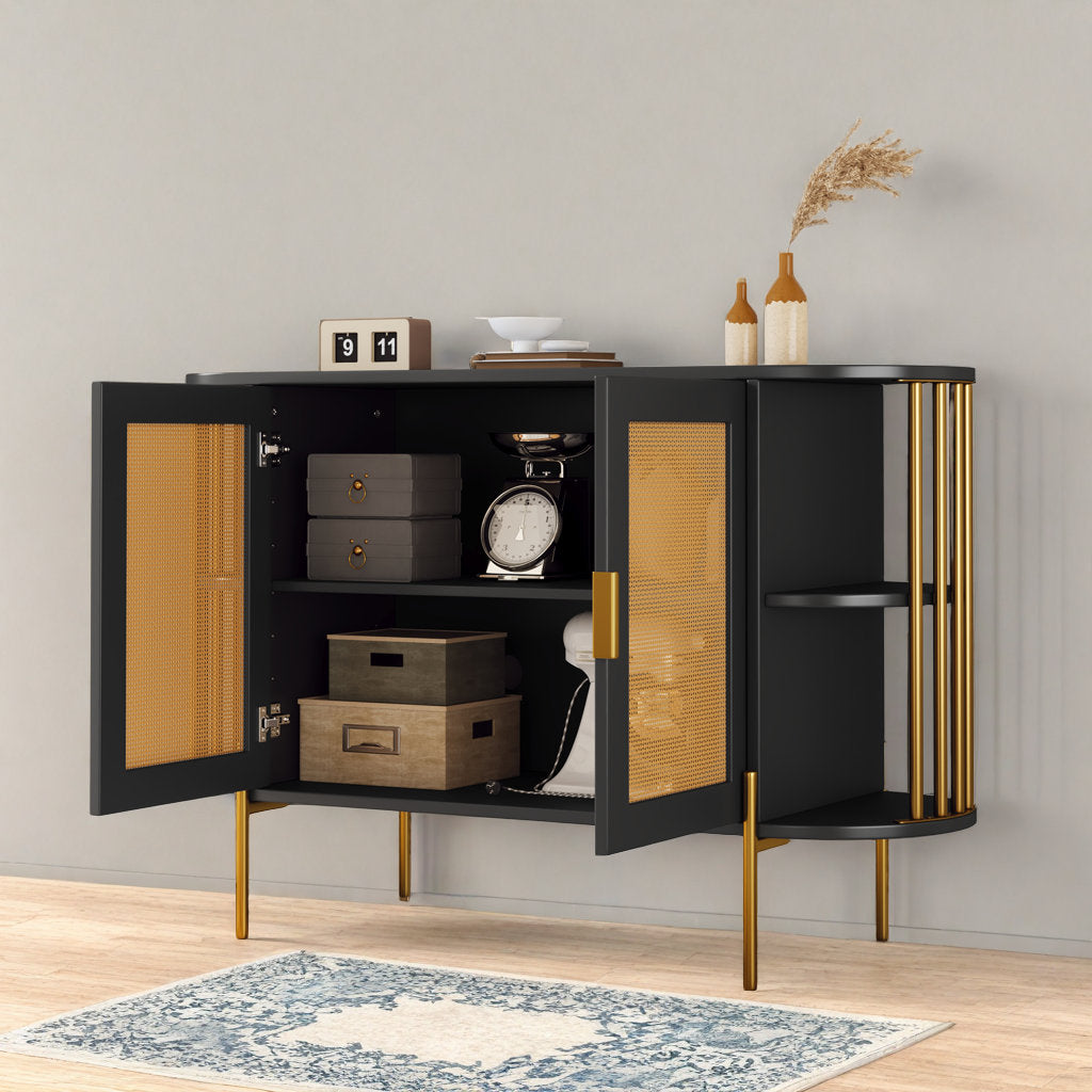 47" Elegant Rattan Cabinet – Gold Accent Storage with Curved Shelves