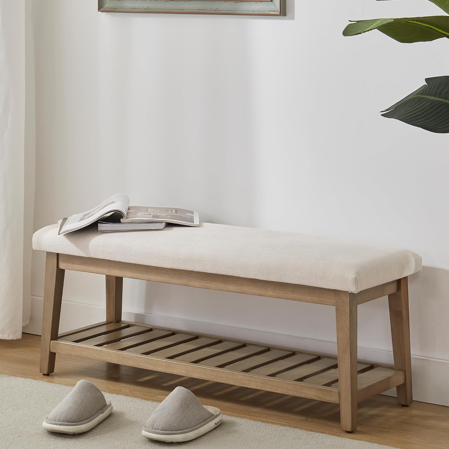 Ottoman Benches with Solid Wood Shelf, Storage Bench for Hallway, Living Room
