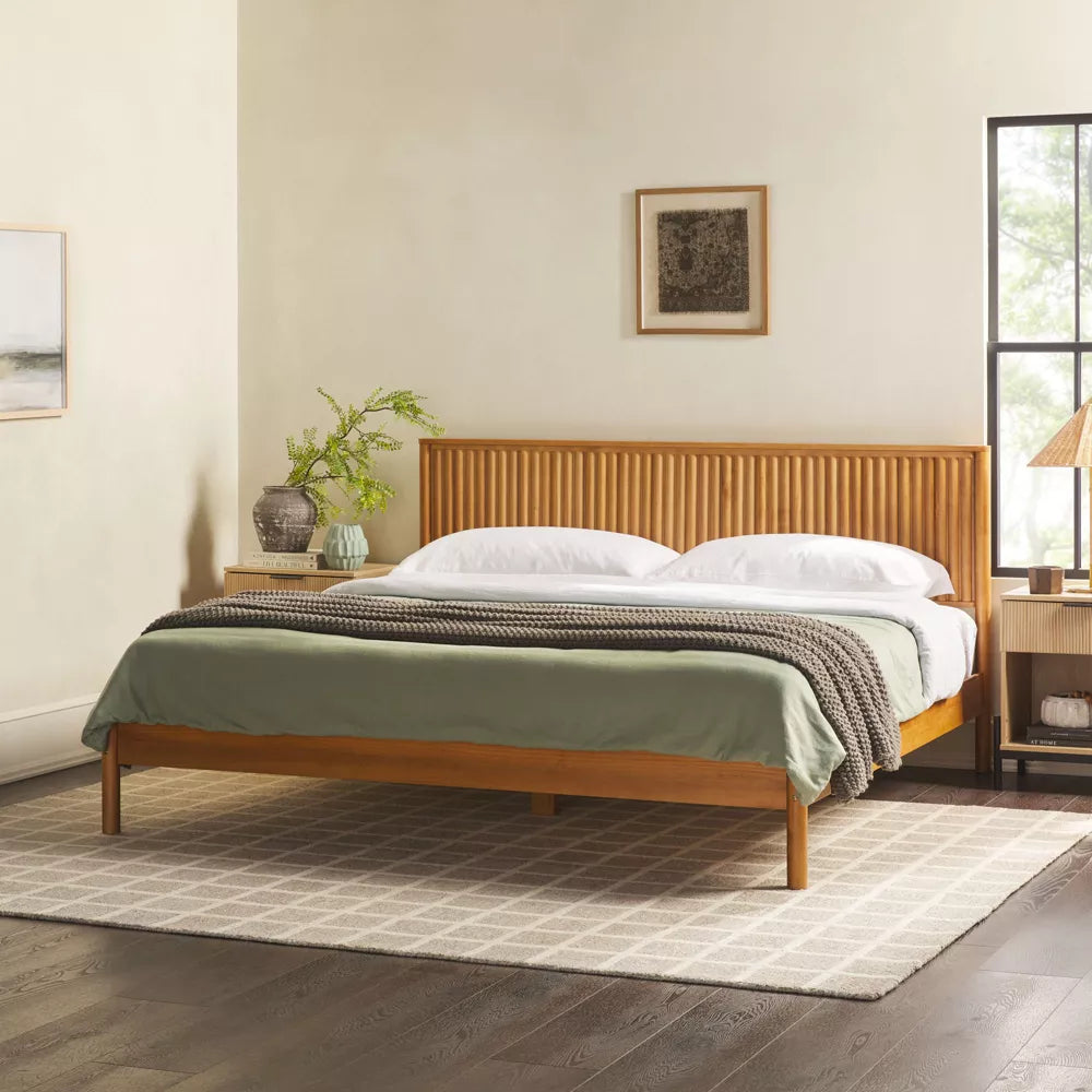 Saracina Home King Reeded Headboard Bed Blonde: Solid Pine, No Box Spring Required, Transitional Style