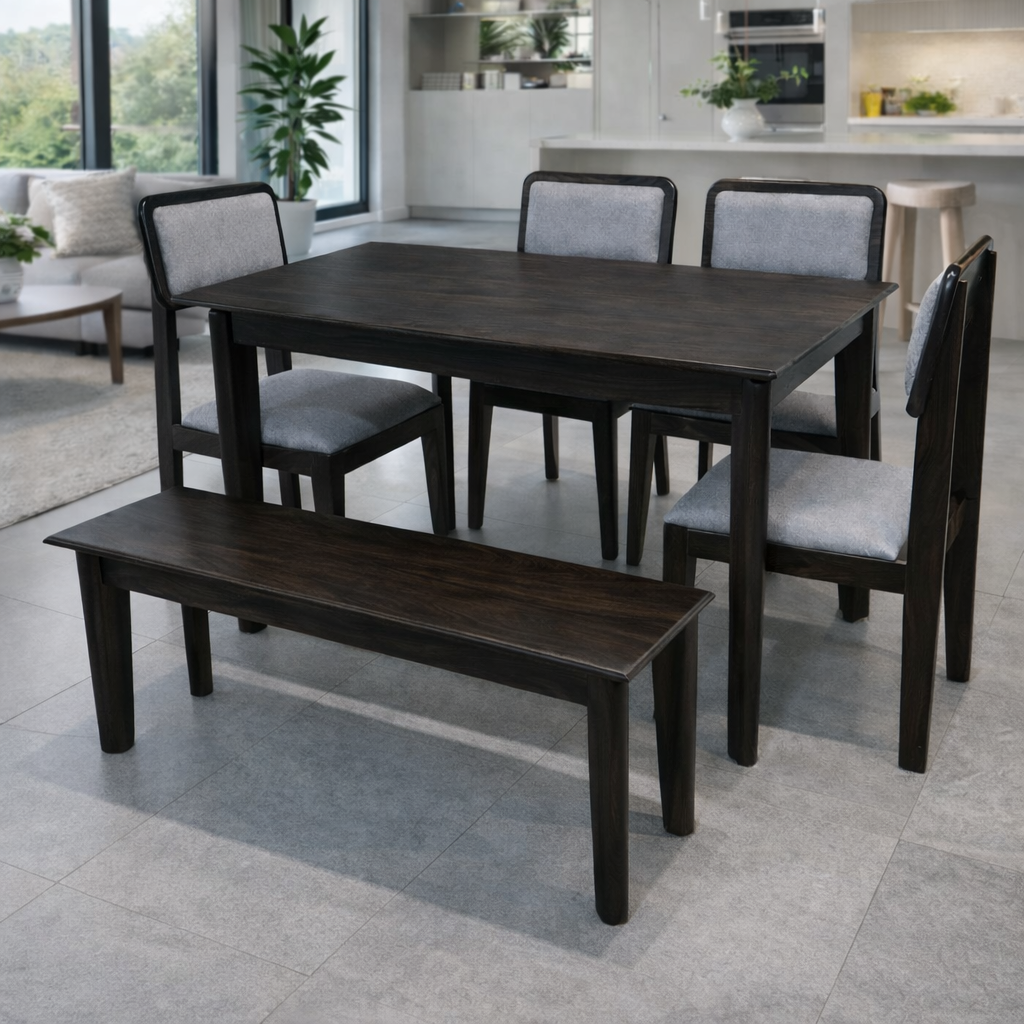 Urban Living Solid Sheesham Wood Six Seater Dining Table Set with Bench-Walnut
