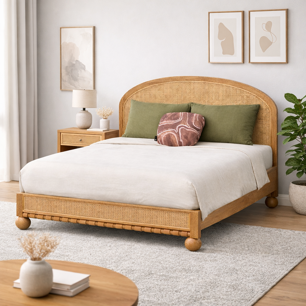 Valencia Rattan Bed Without Storage Solid Wood | Mamta Handicraft