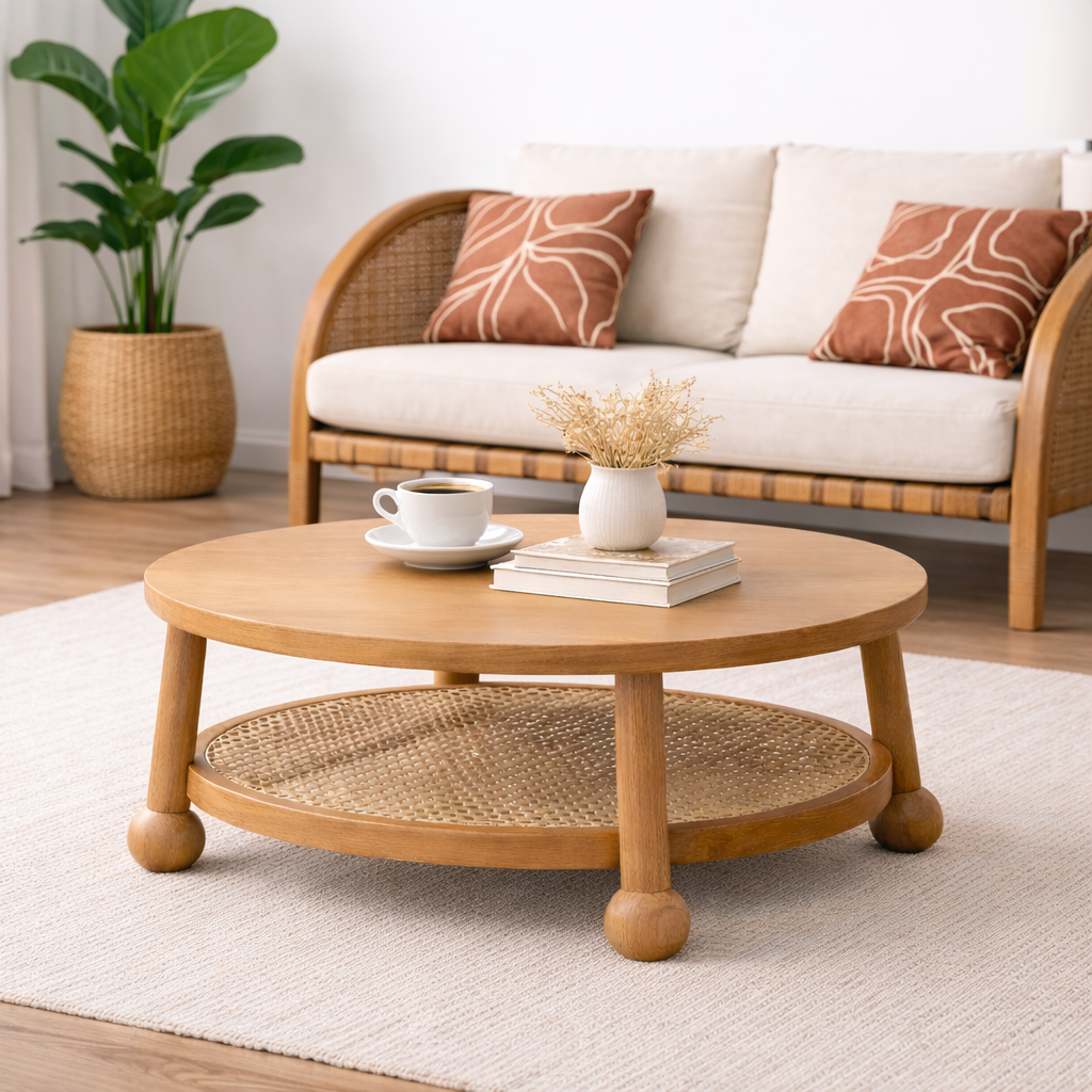 Valencia Rattan Round Wooden Coffee Table | Mamta Handicraft