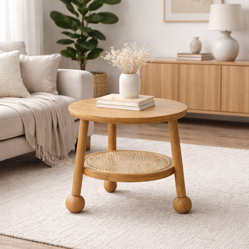 Valencia Rattan Round End Table Solid Wood | Mamta Handicraft