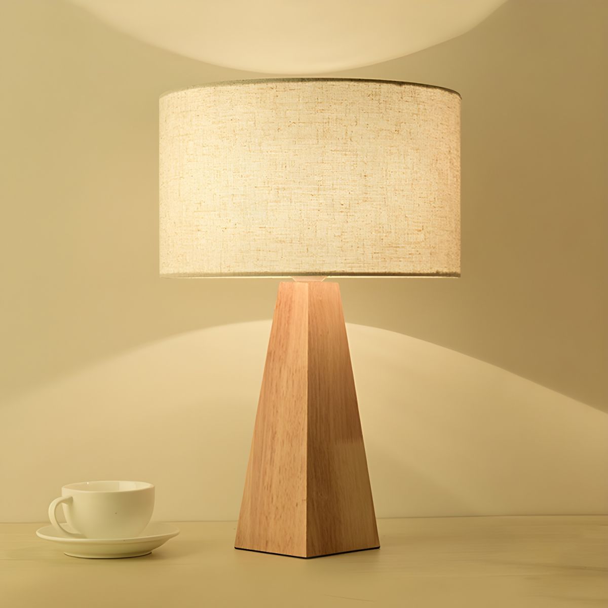 Prismatic Wooden Table Lamp Modernist 1 Light Beige Night Light with White Fabric Lamp Shade