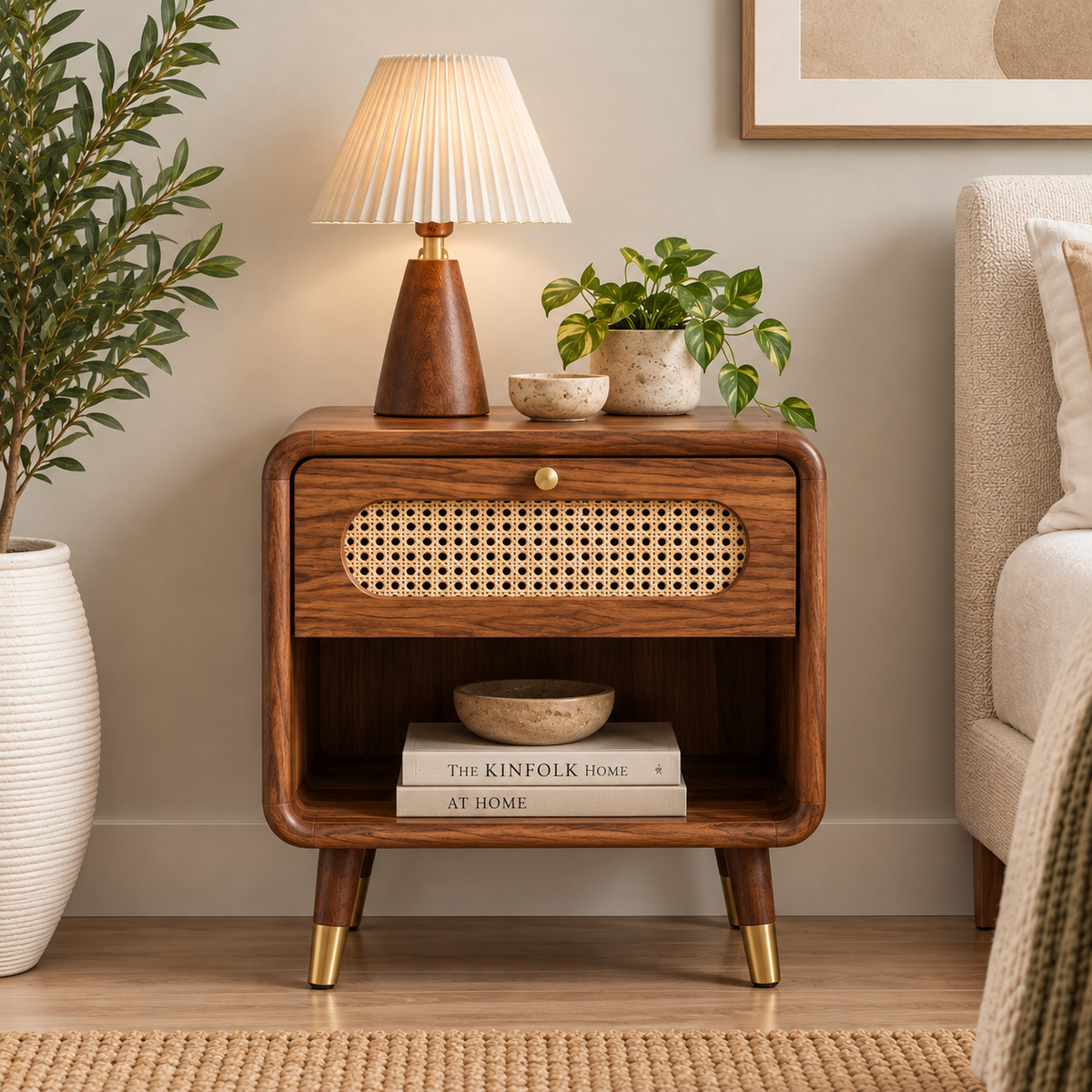 Modern Sheesham Wood Bedside Table with Handwoven Cane Drawer