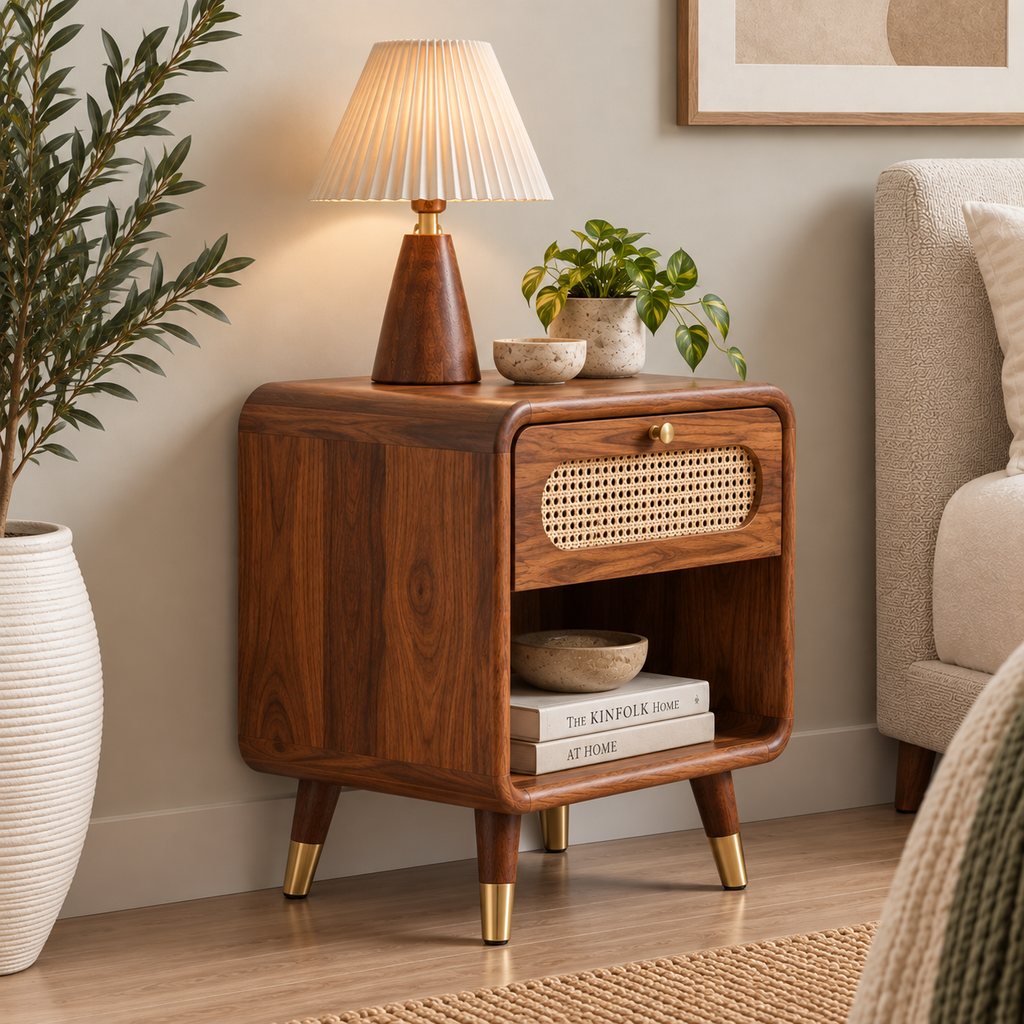 Modern Sheesham Wood Bedside Table with Handwoven Cane Drawer