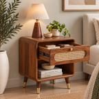 Modern Sheesham Wood Bedside Table with Handwoven Cane Drawer