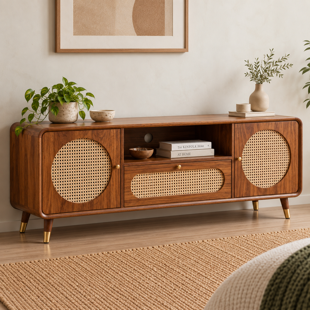 Modern Sheesham Wood TV-Unit with Handwoven Cane Doors & Drawer