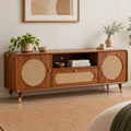 Modern Sheesham Wood TV-Unit with Handwoven Cane Doors & Drawer