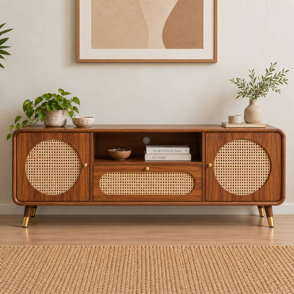 Modern Sheesham Wood TV-Unit with Handwoven Cane Doors & Drawer