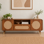 Modern Sheesham Wood TV-Unit with Handwoven Cane Doors & Drawer