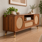 Modern Sheesham Wood TV-Unit with Handwoven Cane Doors & Drawer