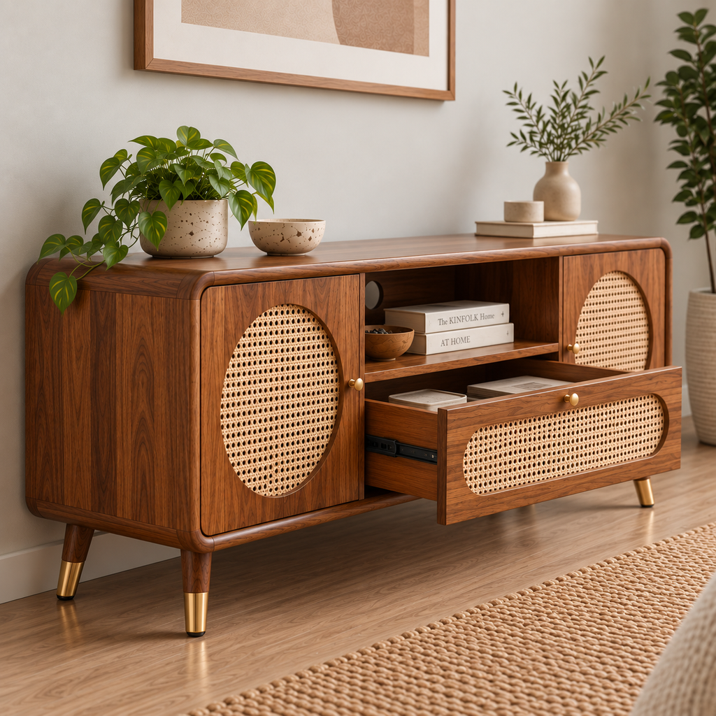 Modern Sheesham Wood TV-Unit with Handwoven Cane Doors & Drawer