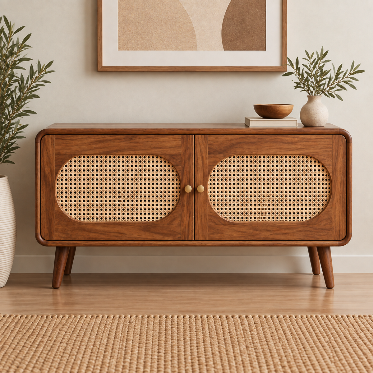 Modern Sheesham Wood 2 door Sideboard with Handwoven Cane Panel