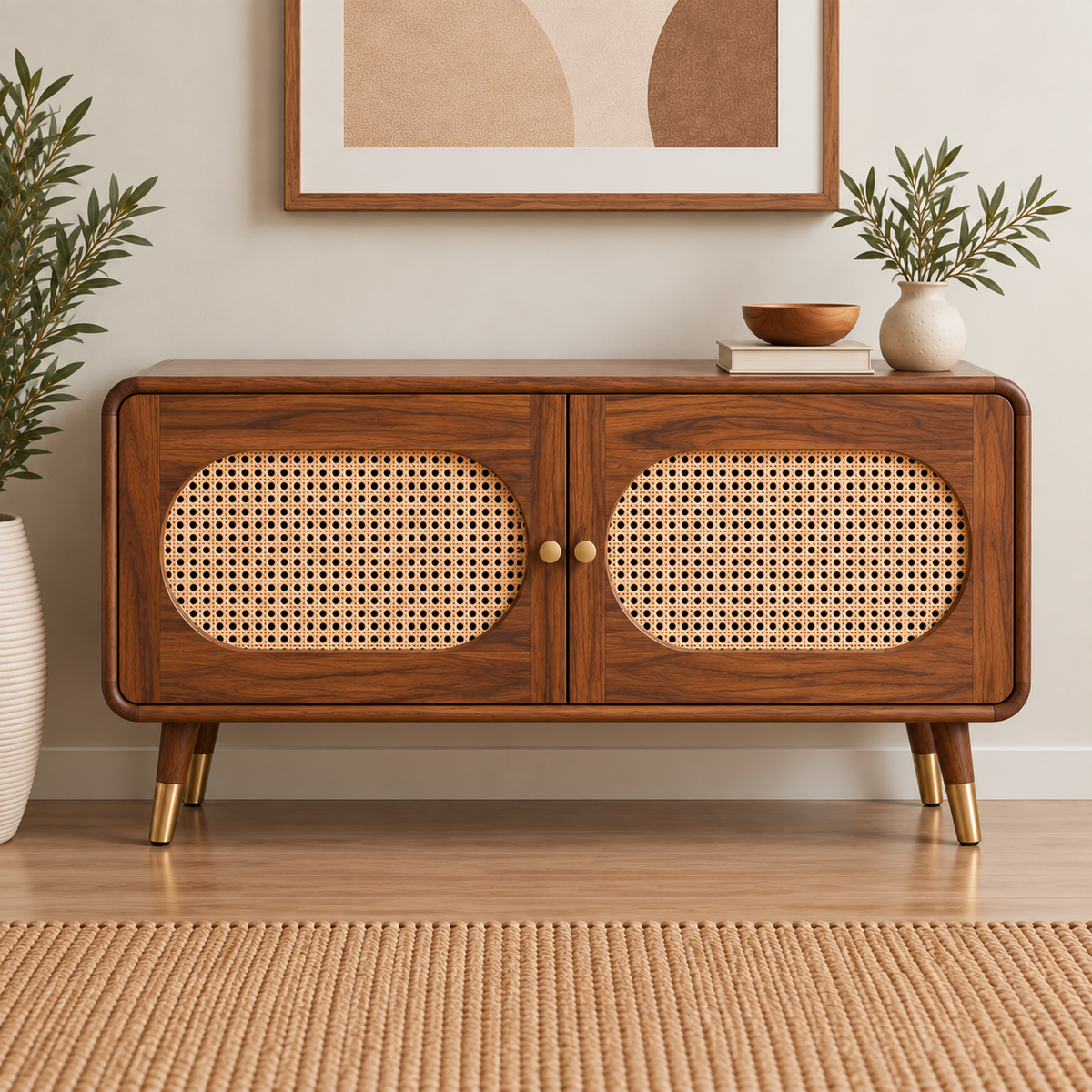 Modern Sheesham Wood 2 door Sideboard with Handwoven Cane Panel