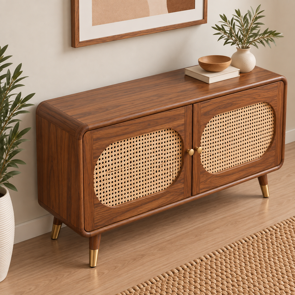 Modern Sheesham Wood 2 door Sideboard with Handwoven Cane Panel