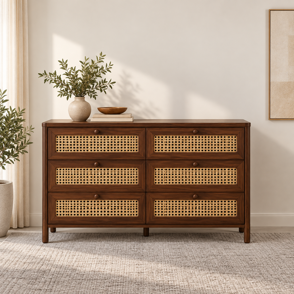 Braxton Contemporary Solid Wood 6-Drawer Dresser with Handwoven Cane Panels