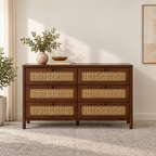 Braxton Contemporary Solid Wood 6-Drawer Dresser with Handwoven Cane Panels