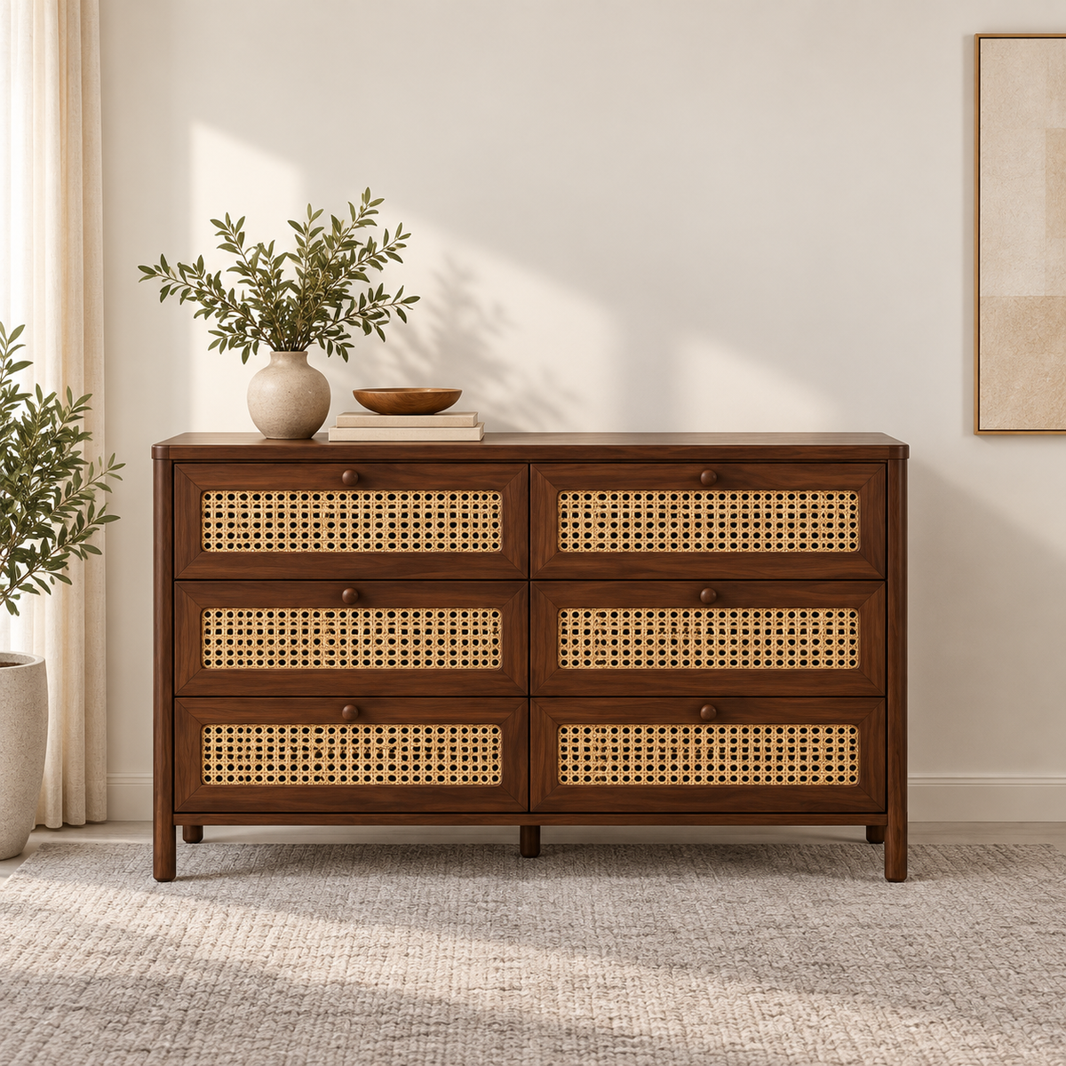 Braxton Contemporary Solid Wood 6-Drawer Dresser with Handwoven Cane Panels