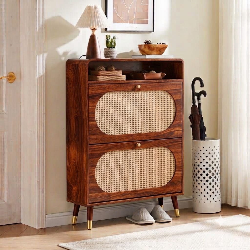 Modern Sheesham Wood Haven Shoe Cabinet with Handwoven Cane Panels