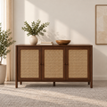 Braxton Contemporary Solid Wood 3-Door Sideboard with Handwoven Cane Panels