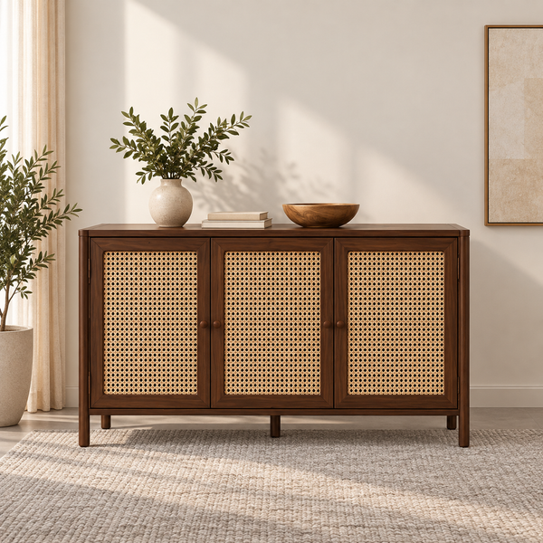 Braxton Contemporary Solid Wood 3-Door Sideboard with Handwoven Cane Panels