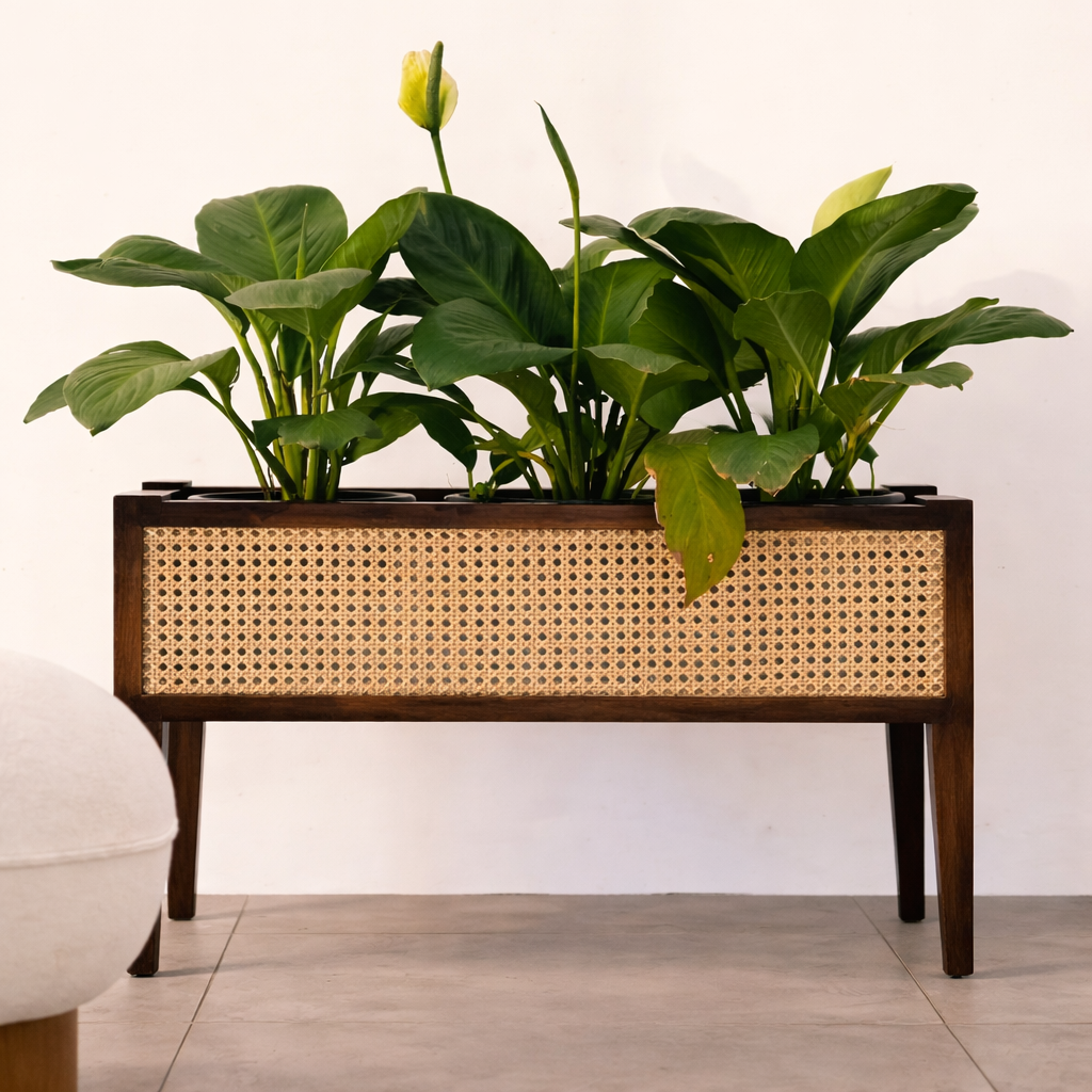 Mid-Century Walnut Wood Planter with Cane Panel-Walnut
