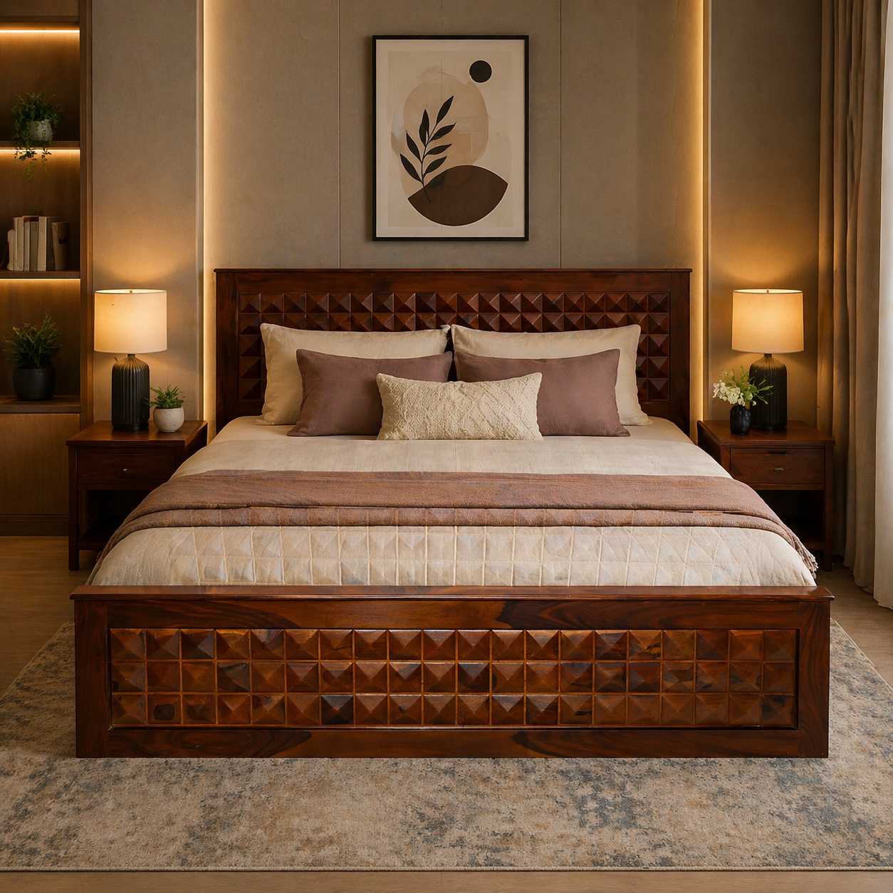 Diamond Sheesham Wood Bed with Storage Box