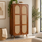 Modern Sheesham Wood Arched Cane Door Wardrobe