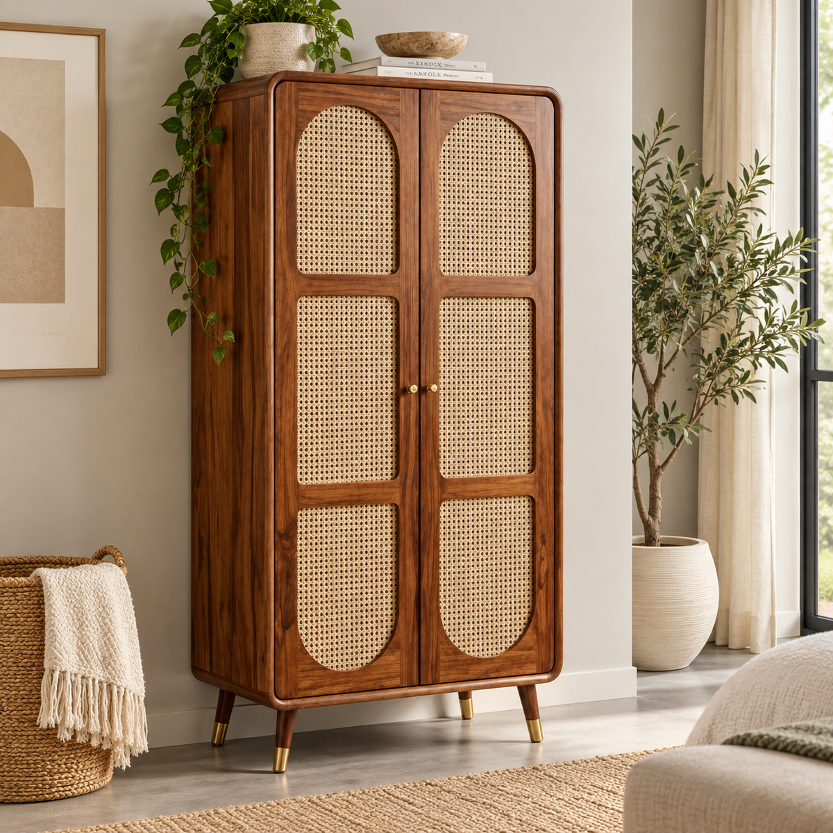 Modern Sheesham Wood Arched Cane Door Wardrobe