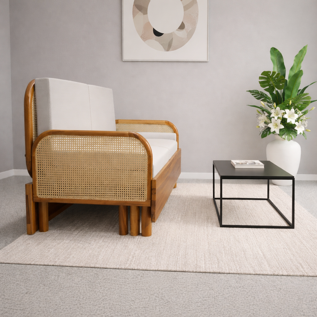 Natural Teak Wood Cane Wooden Convertible Sofa-Cum-Bed