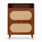 Modern Sheesham Wood Haven Shoe Cabinet with Handwoven Cane Panels