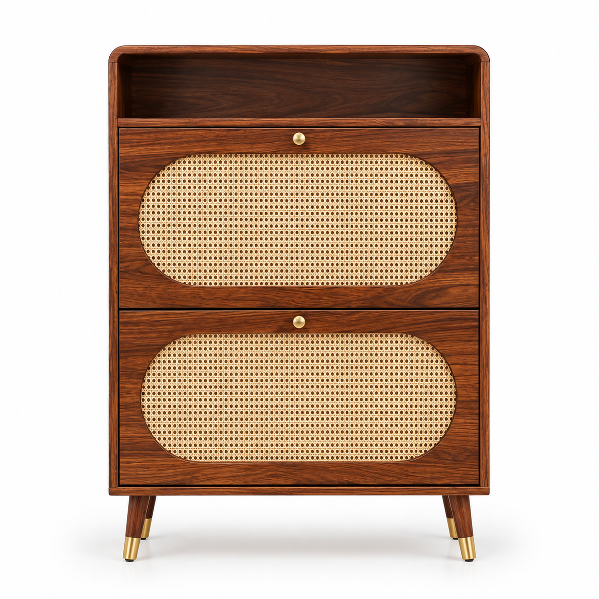 Modern Sheesham Wood Haven Shoe Cabinet with Handwoven Cane Panels