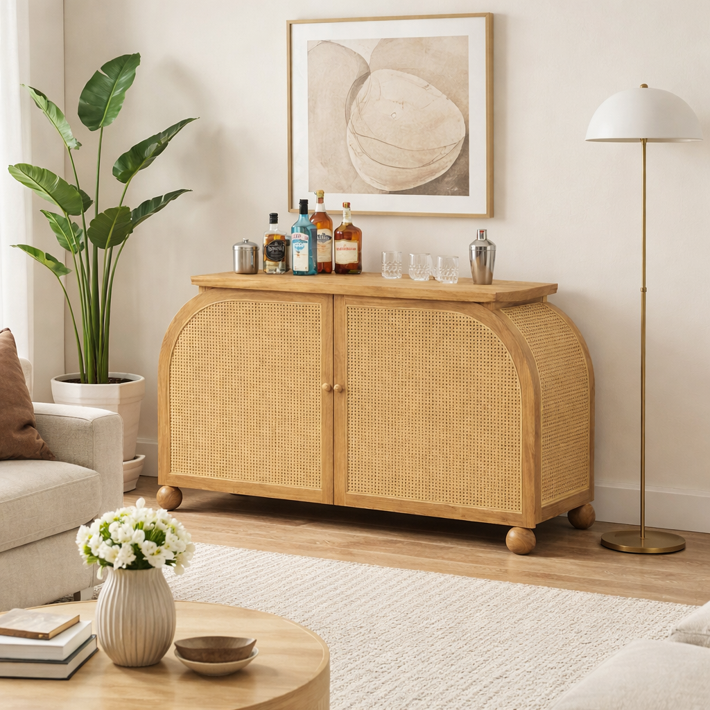 Valencia Rattan Bar Cabinet Solid Wood | Mamta Handicraft