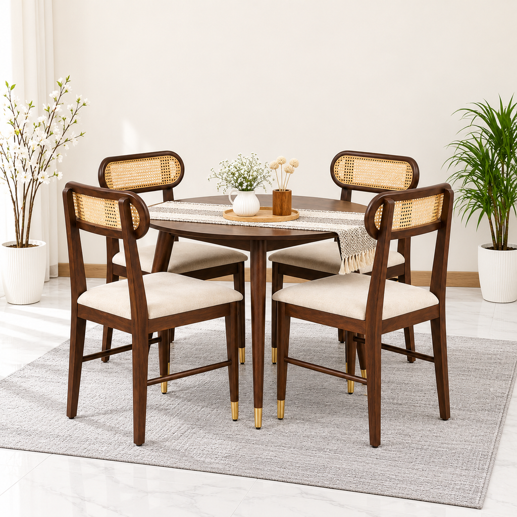 Ashton Solid Wood Rattan Cane Round Dining Table Set-4 Seater  
