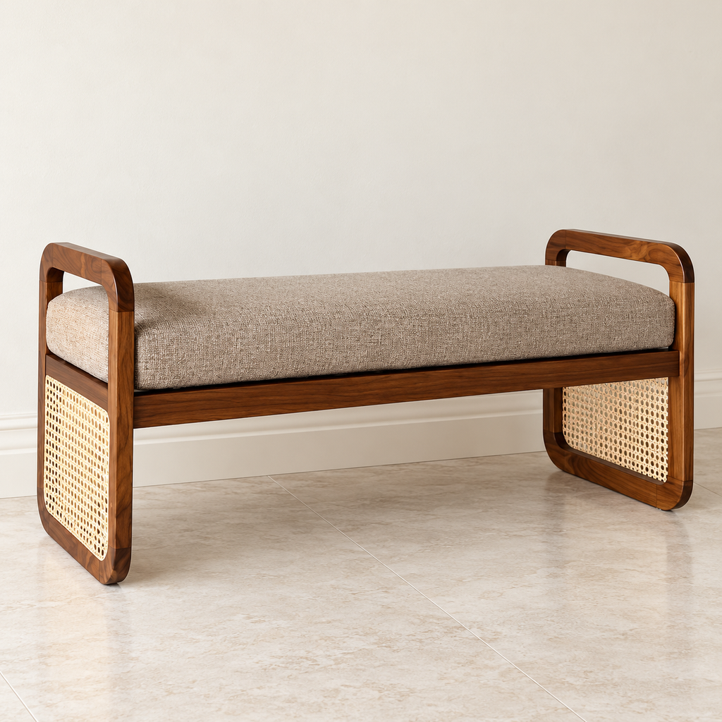 Walnut Frame Upholstered Cane Bench