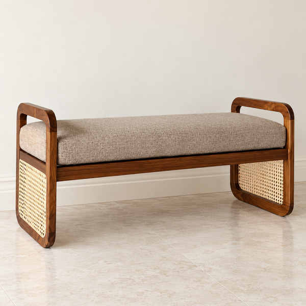 Walnut Frame Upholstered Cane Bench
