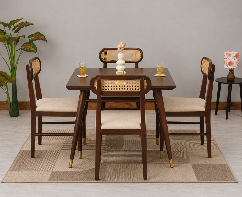 Ashton Solid Wood Rattan Cane Squre Dining Table 4 Seater 
