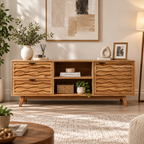 Modern Wooden Media Console with Wave-Carved Fronts