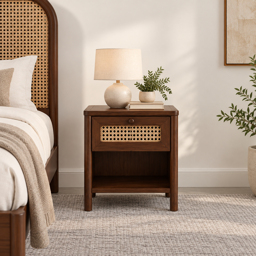 Braxton Contemporary Solid Wood Bedside Table with Handwoven Cane Drawer