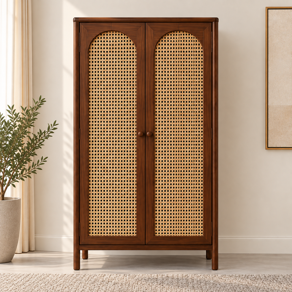 Braxton Contemporary Solid Wood 2-Door Wardrobe with Arched Handwoven Cane Panels