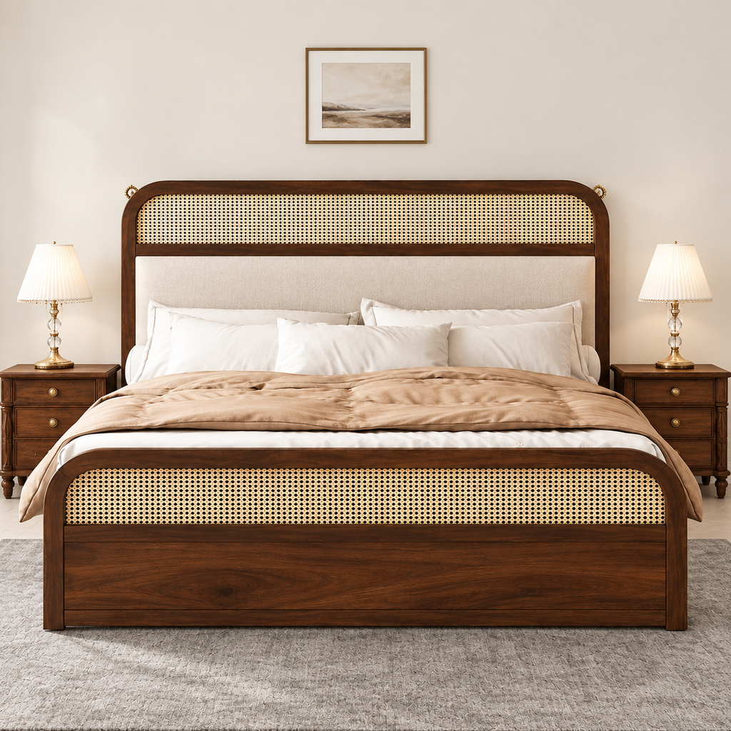 Milano Classic Wooden Bed with Upholstered Headboard