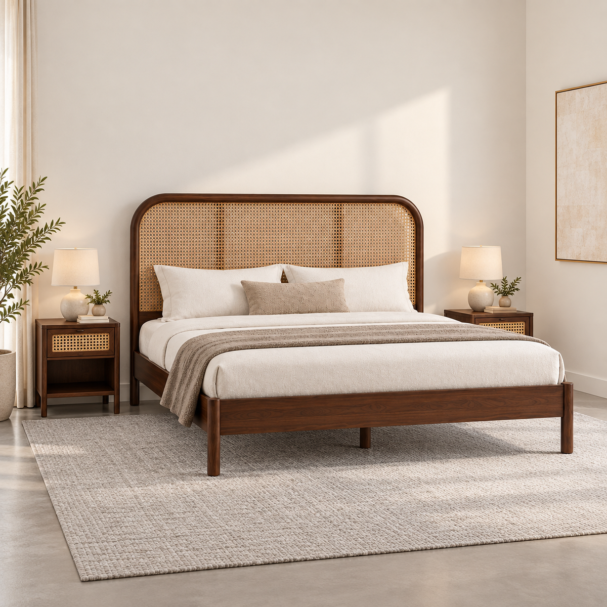 Braxton Contemporary Solid Wood Bed with Rattan Headboard