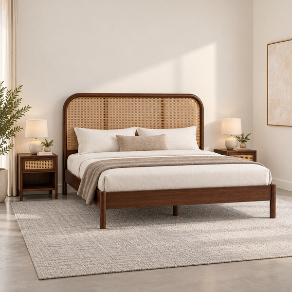 Braxton Contemporary Solid Wood Bed with Rattan Headboard