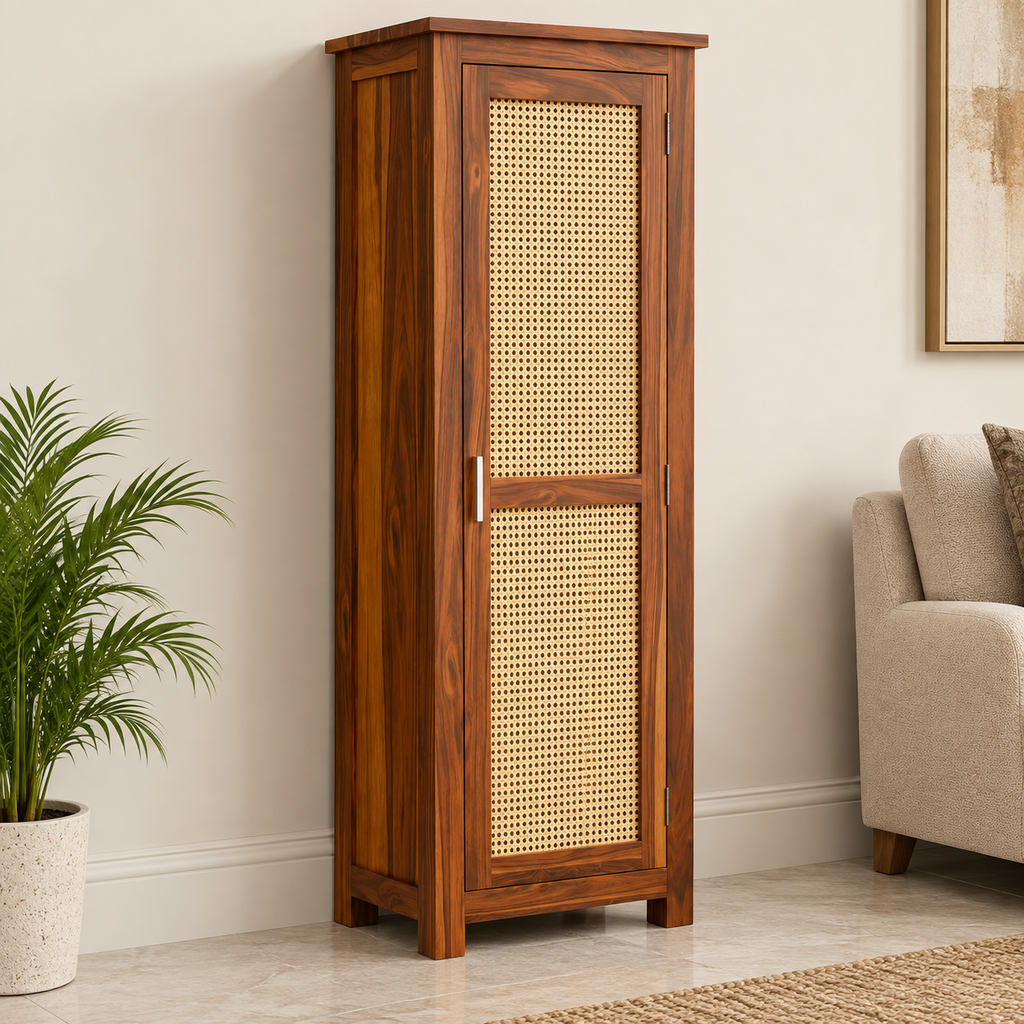 Modern Sheesham Wood Tall Cabinet with Cane Doors