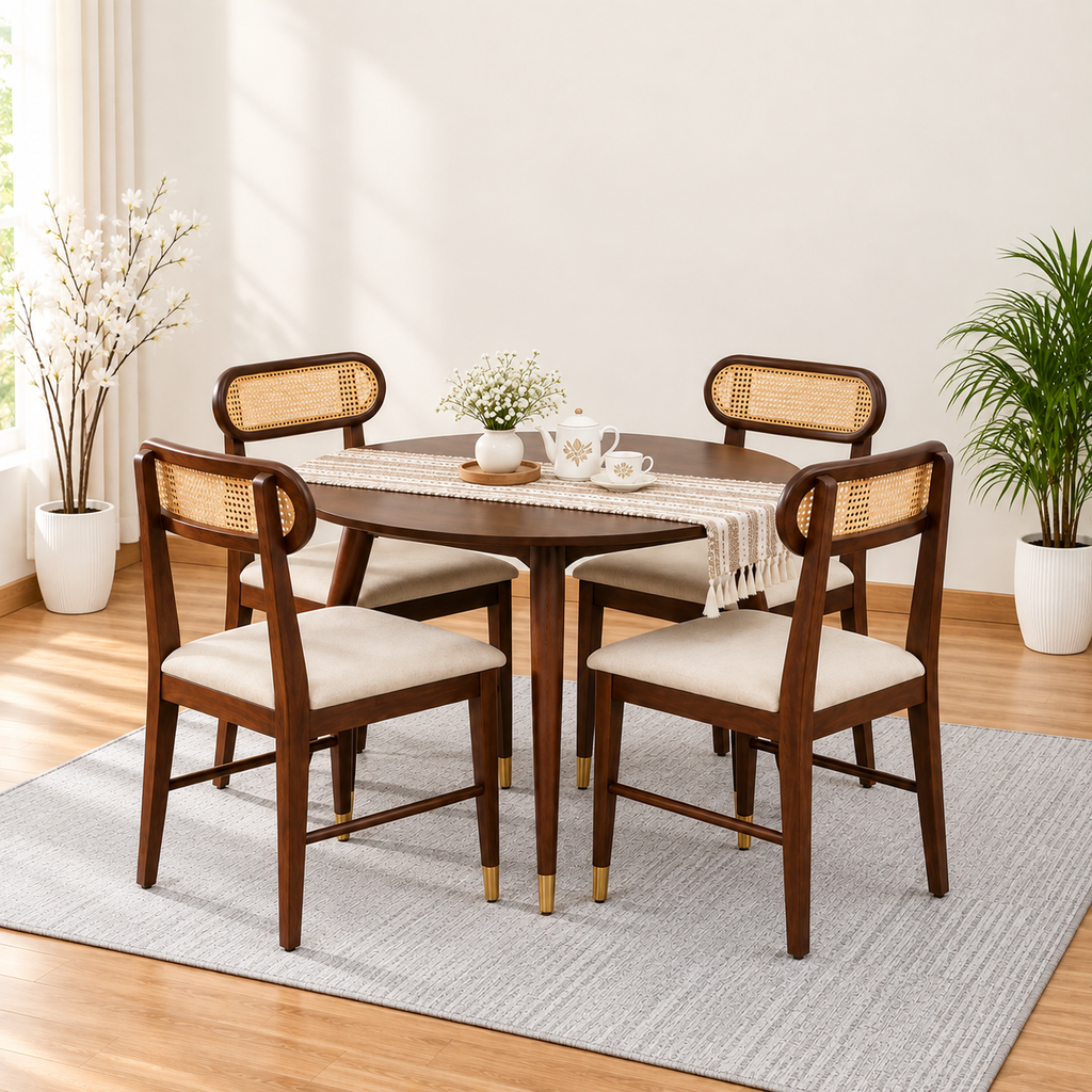 Ashton Solid Wood Rattan Cane Round Dining Table 4 Seater 