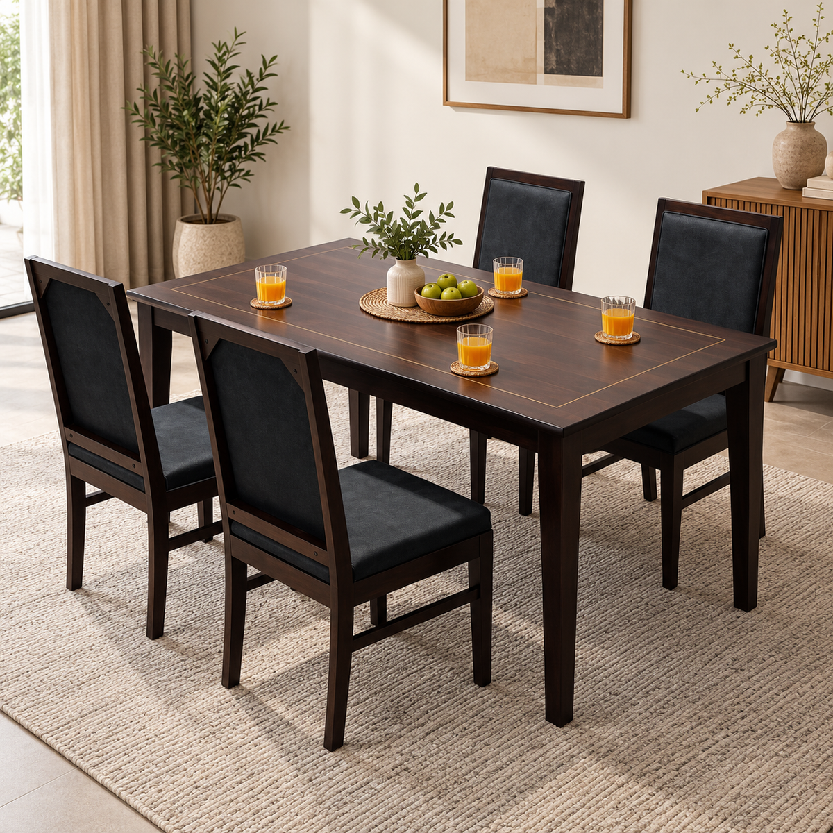 Luxury Solid Wood Dining Table with Brass Inlay Detail-4 Seater