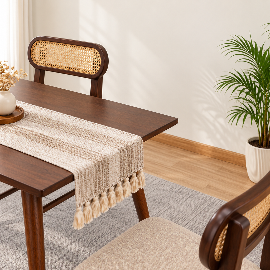 Ashton Solid Wood Rattan Cane Dining Table 4 Seater Set